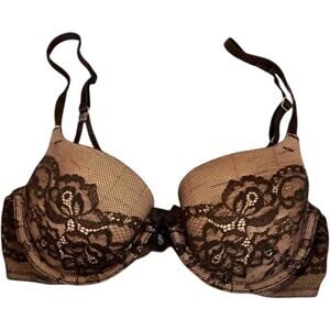 Victorias Secret Lined Demi Buste Double Bra Size 32C Black Lace Nude Coquette